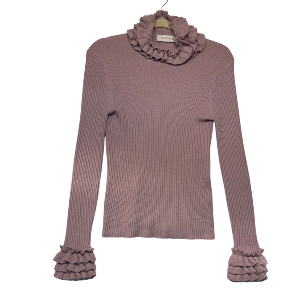 Zimmermann Ruffle Neck Cashmere Blend Ribbed Sweater Mauve Pink Womens Size 1